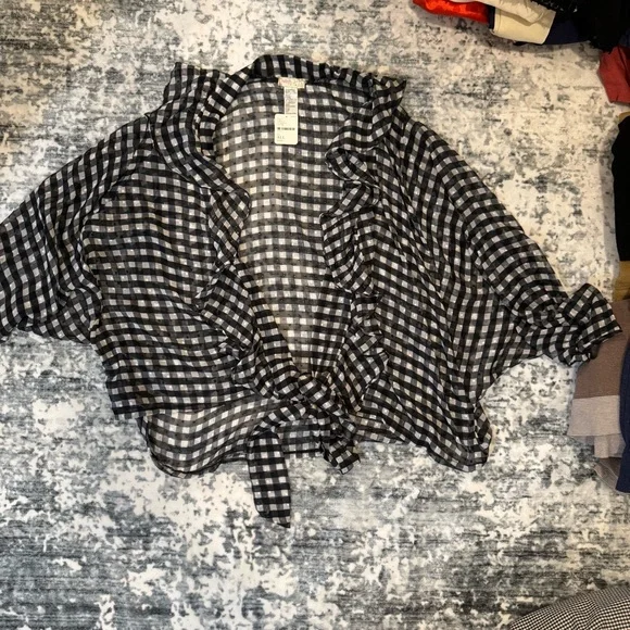 Free People Picnic Plaid Tie Front Gingham Ruffle Top Black‎ White OS NWT - Picture 4 of 7
